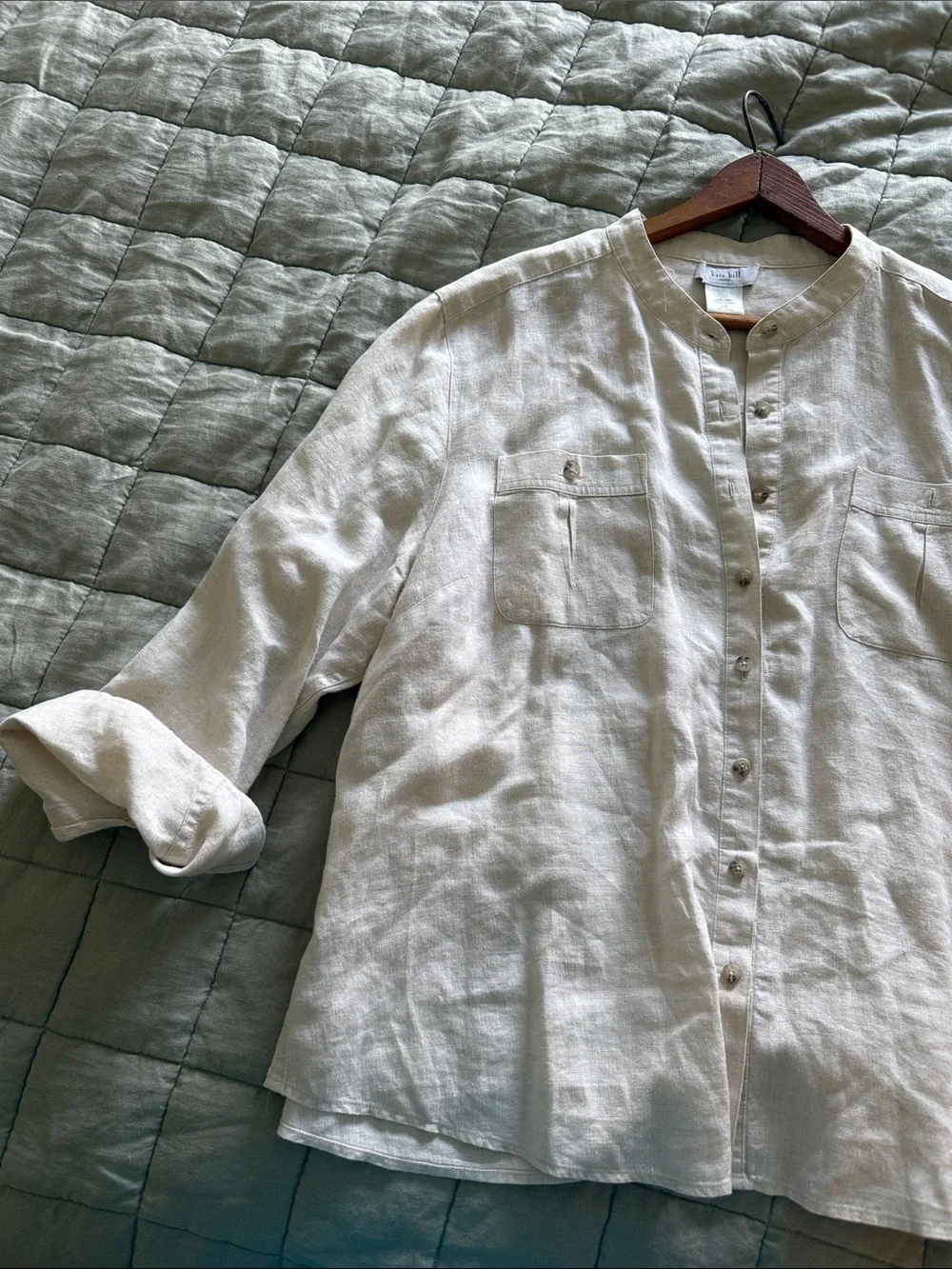 Kate Hill 100% Linen Button Front Top Cream Beige Plus Size 2X Lightweight - Picture 2 of 6
